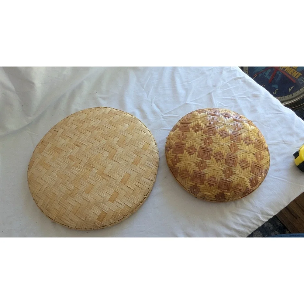 Vintage Handwoven Bamboo Winnowing Baskets Set of 2 Round Boho Wall Decor Trays